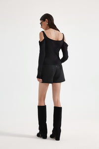Black Off-The-Shoulder Draped Halter Long-Sleeve Top