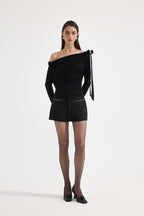 Black Off-The-Shoulder Pleated Bow Ribbon Blouse