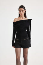 Black Off-The-Shoulder Pleated Bow Ribbon Blouse