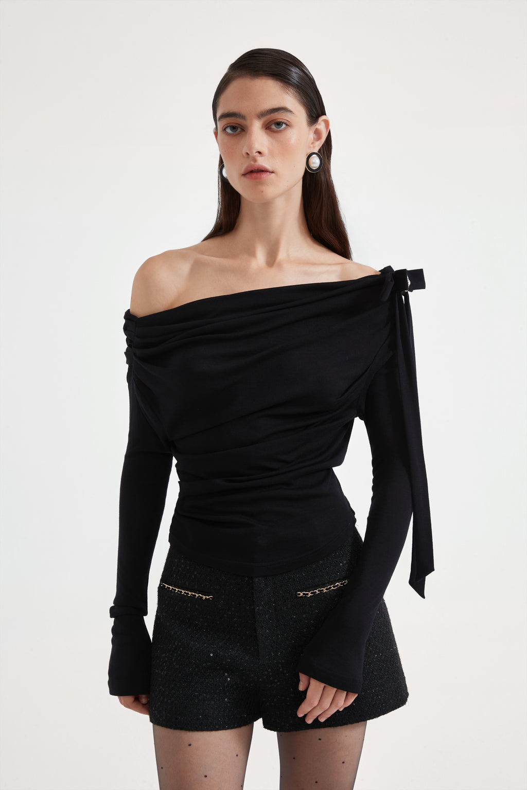 Black Off-The-Shoulder Pleated Bow Ribbon Blouse