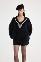 Black Bow Draped Chain Sweater