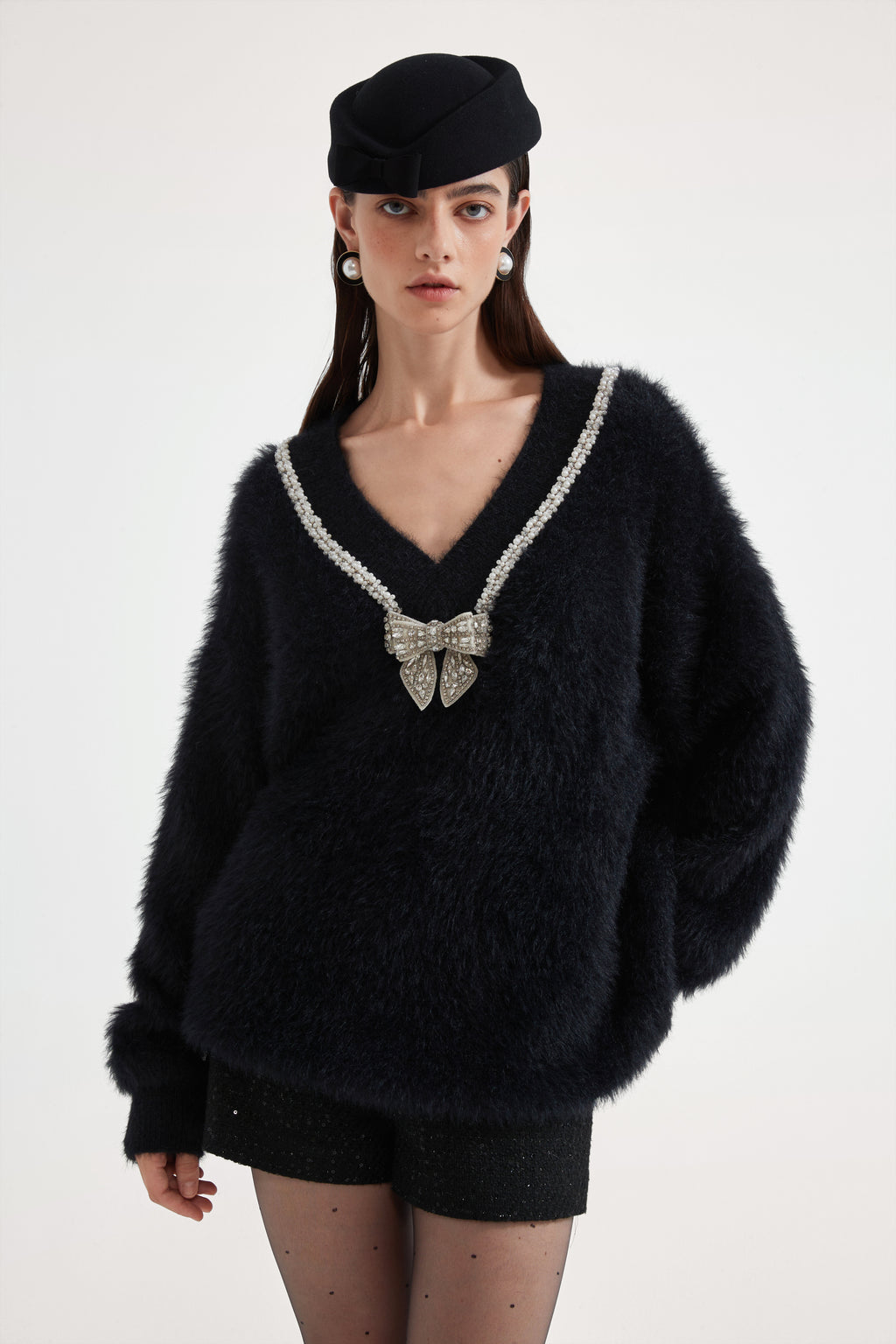 Black Bow Draped Chain Sweater