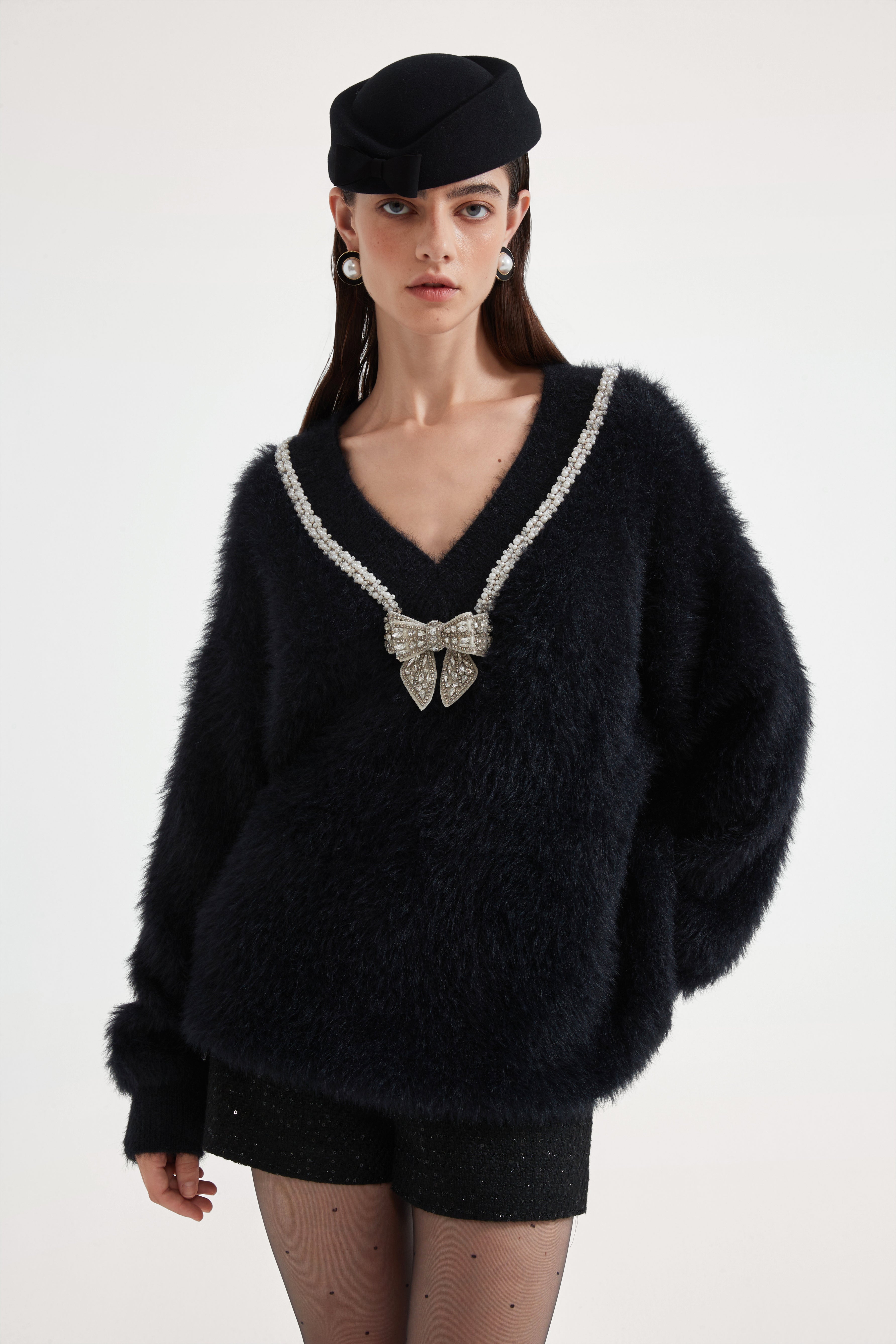 Black Bow Draped Chain Sweater