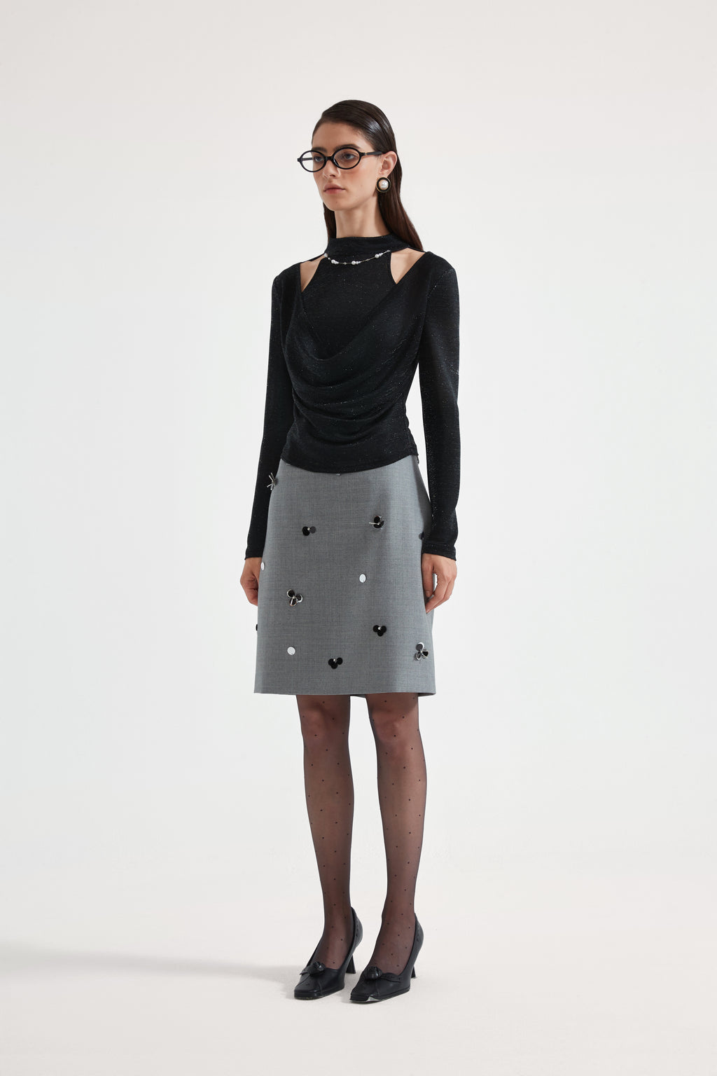 Black Bbeaded Mock-Neck False Two-Piece Top