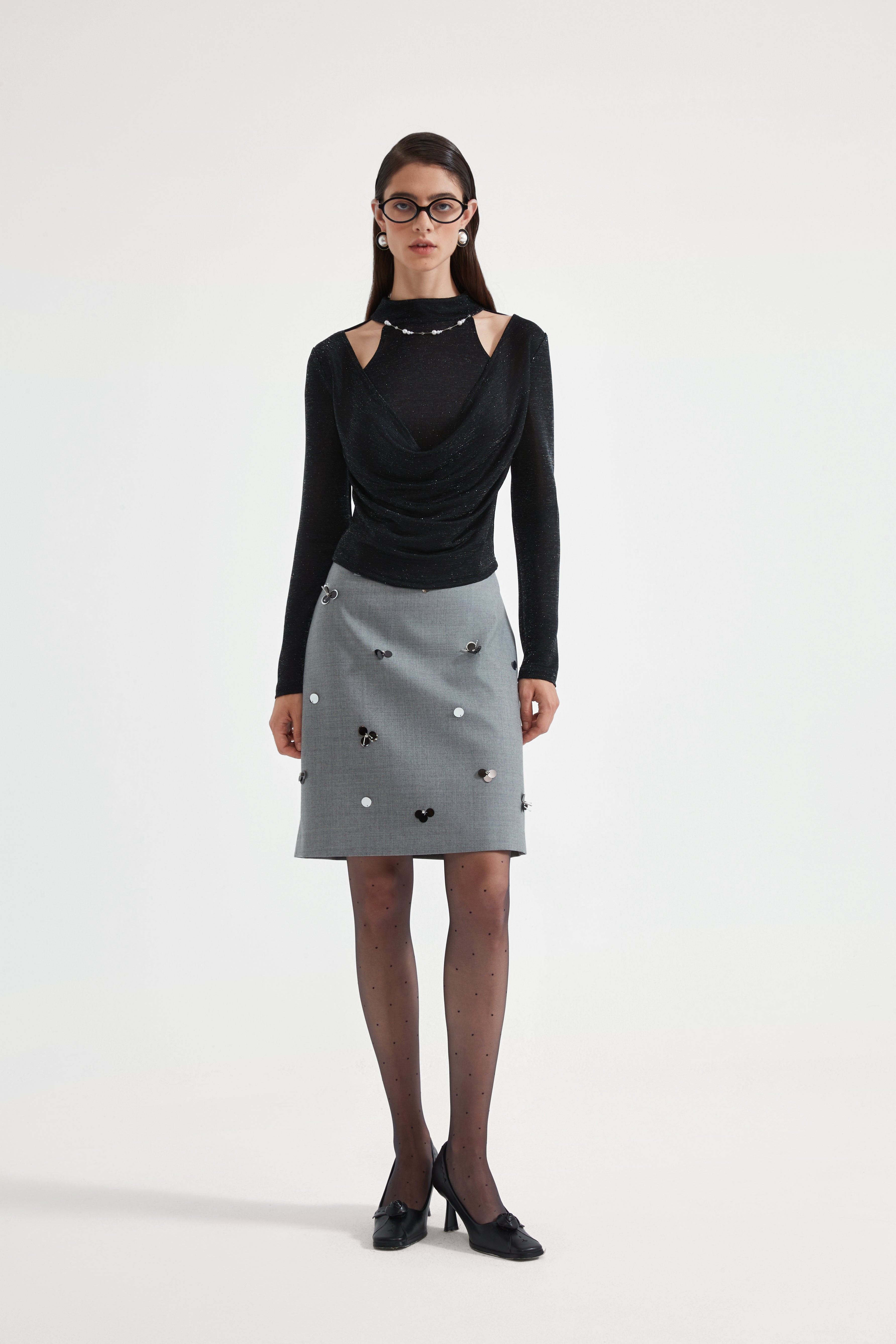 Black Bbeaded Mock-Neck False Two-Piece Top