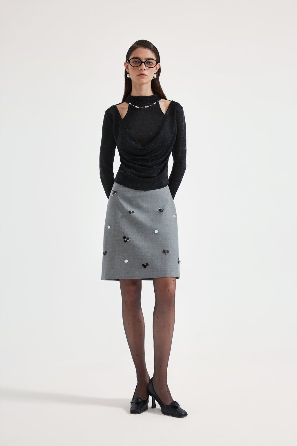 Black Bbeaded Mock-Neck False Two-Piece Top