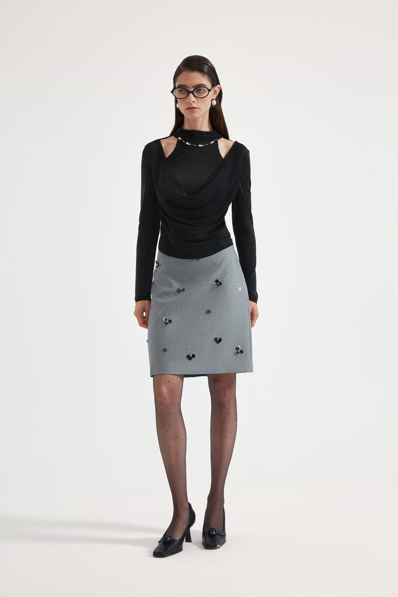 Black Bbeaded Mock-Neck False Two-Piece Top