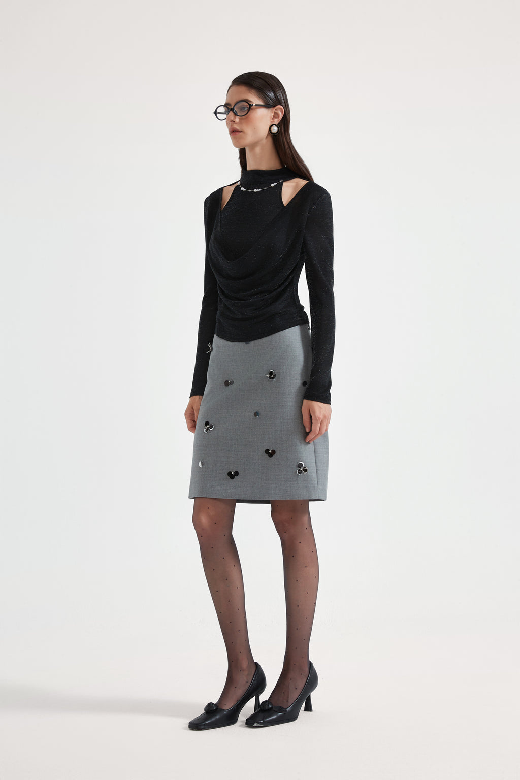 Black Bbeaded Mock-Neck False Two-Piece Top