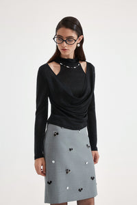 Black Bbeaded Mock-Neck False Two-Piece Top