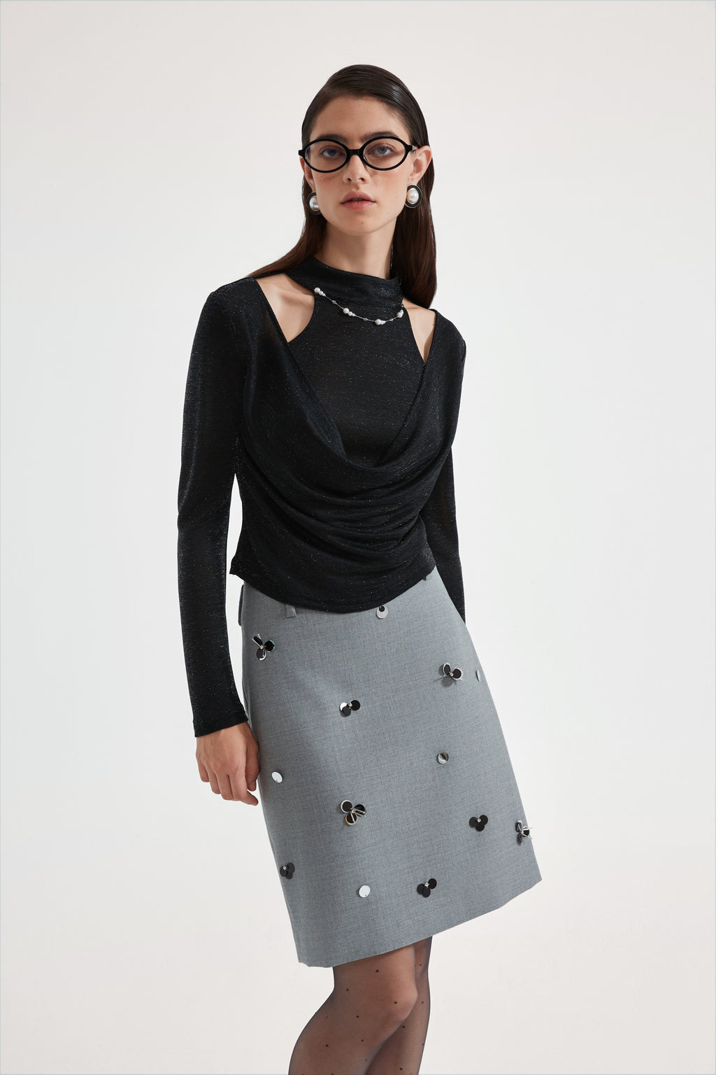 Black Bbeaded Mock-Neck False Two-Piece Top