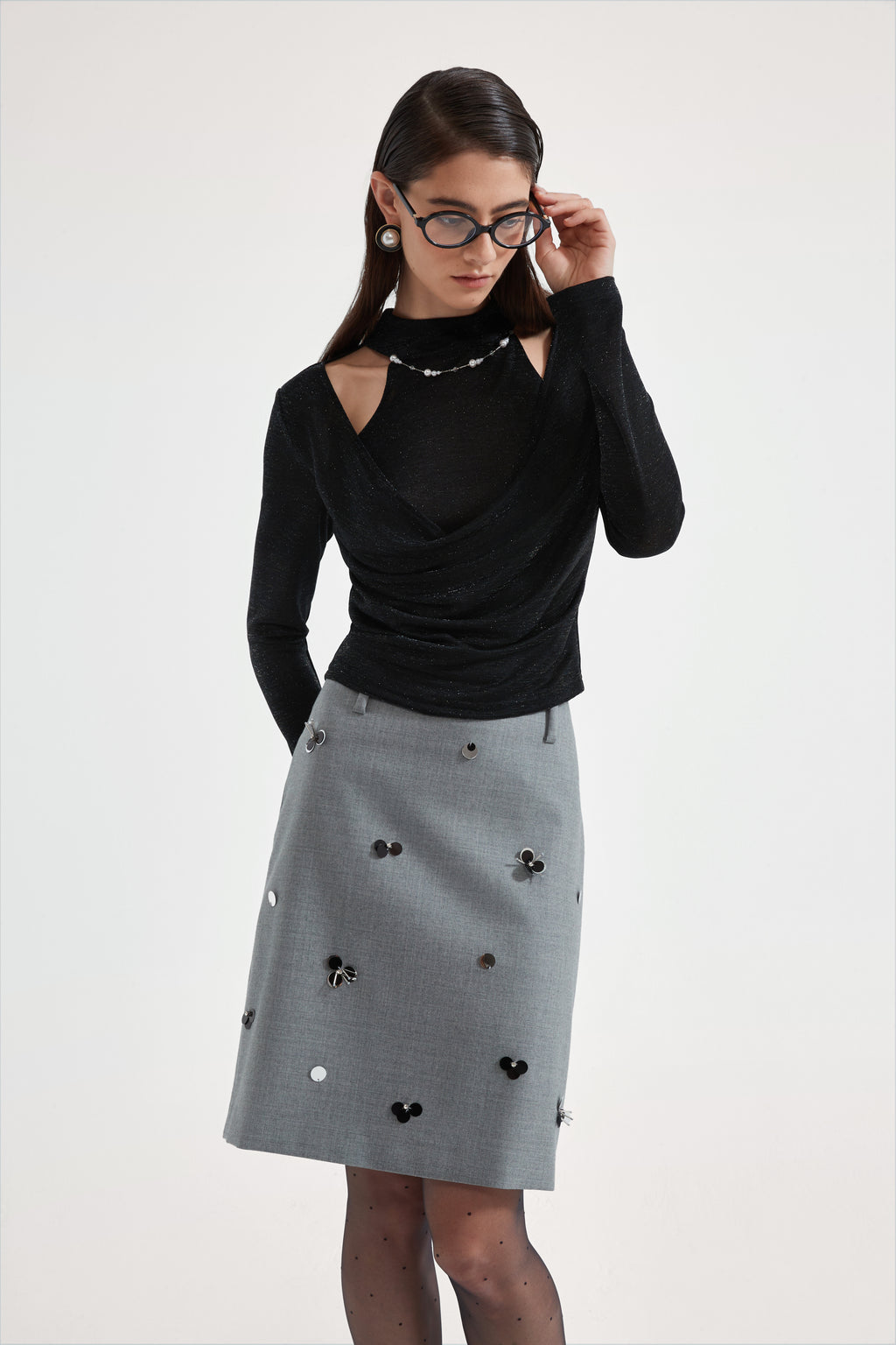 Black Bbeaded Mock-Neck False Two-Piece Top