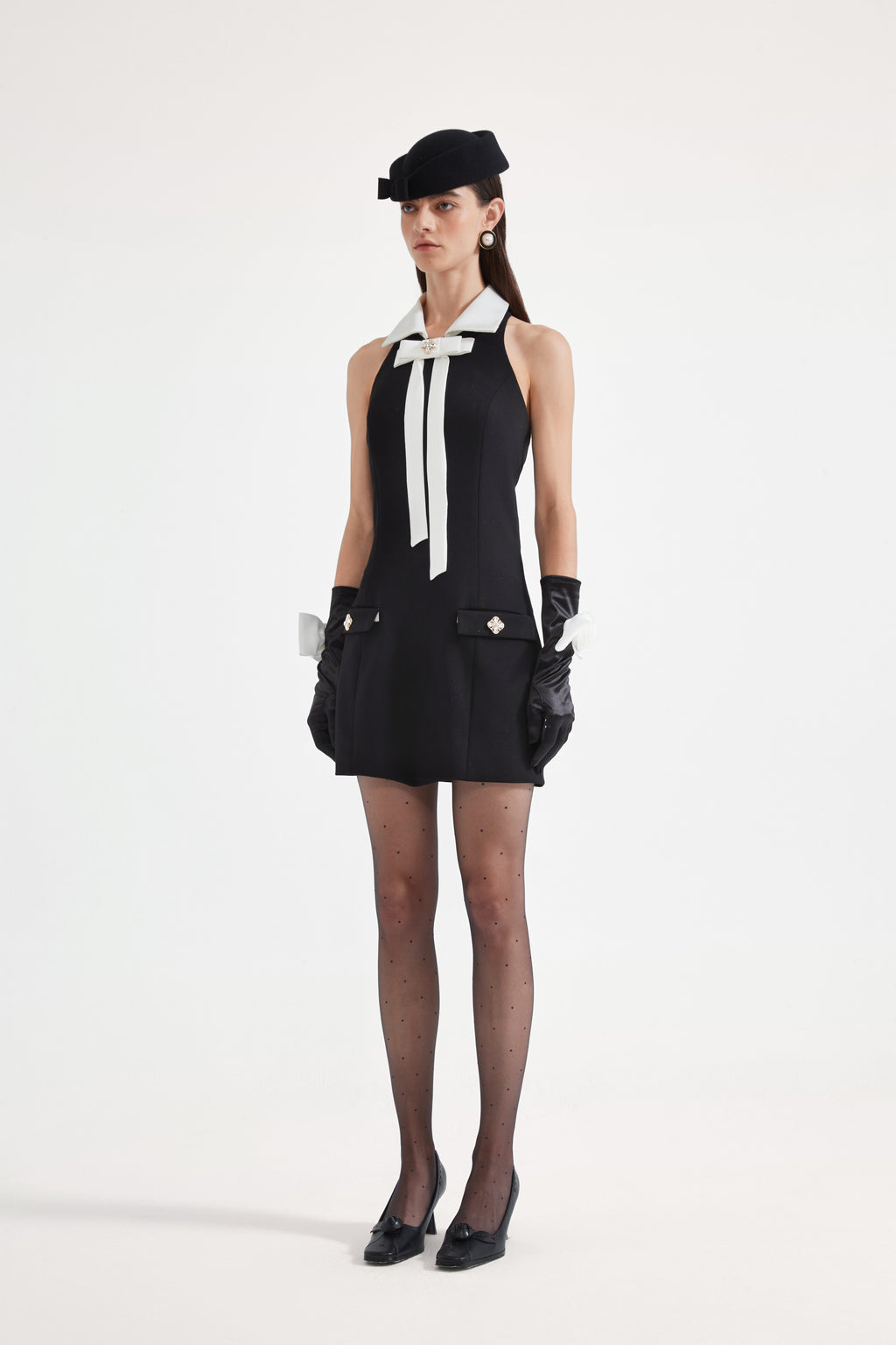 Black Bow Collared Waist-Cinching Dress