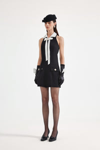 Black Bow Collared Waist-Cinching Dress