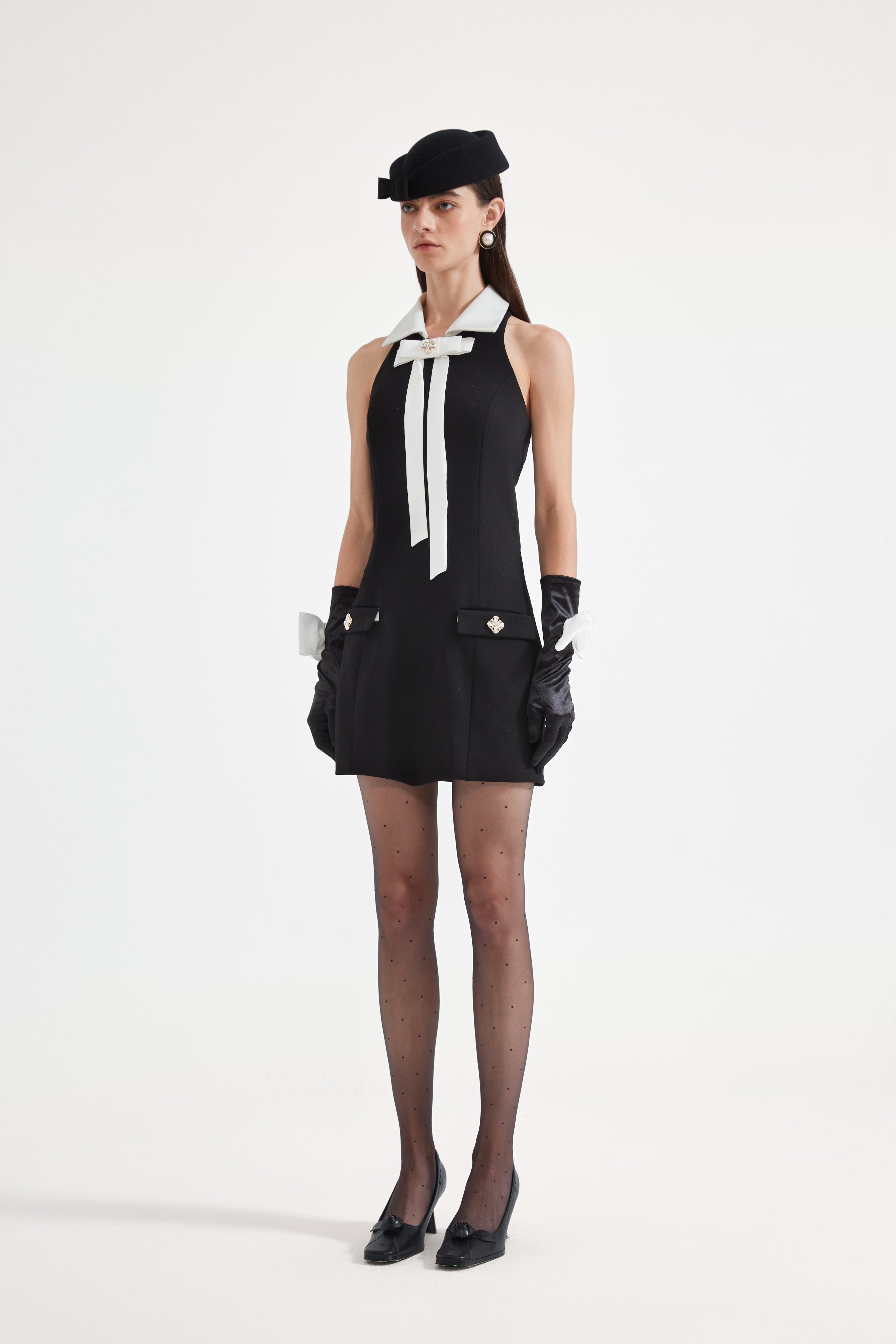 Black Bow Collared Waist-Cinching Dress