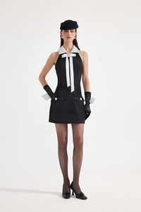 Black Bow Collared Waist-Cinching Dress