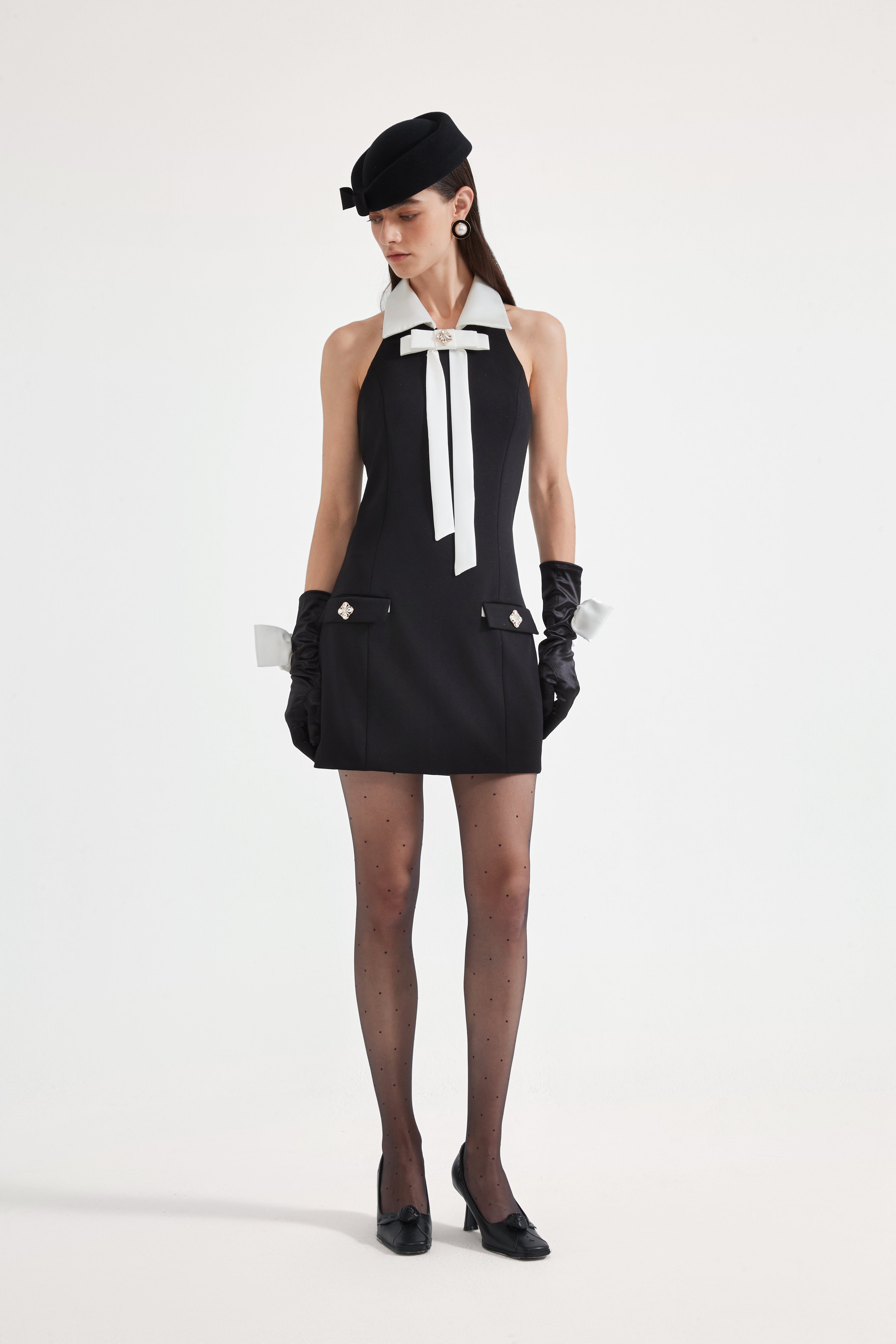 Black Bow Collared Waist-Cinching Dress