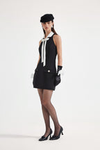 Black Bow Collared Waist-Cinching Dress