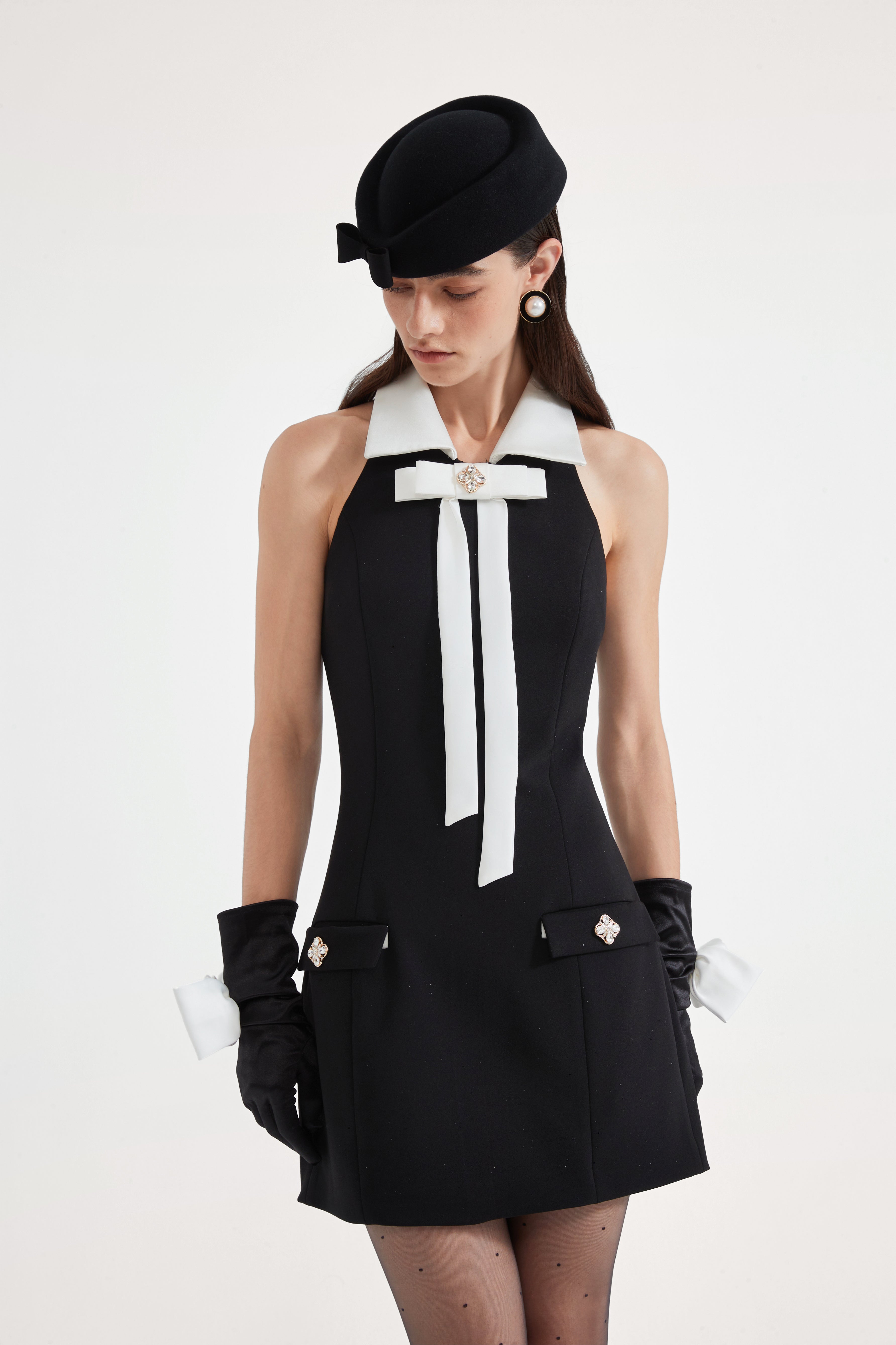 Black Bow Collared Waist-Cinching Dress