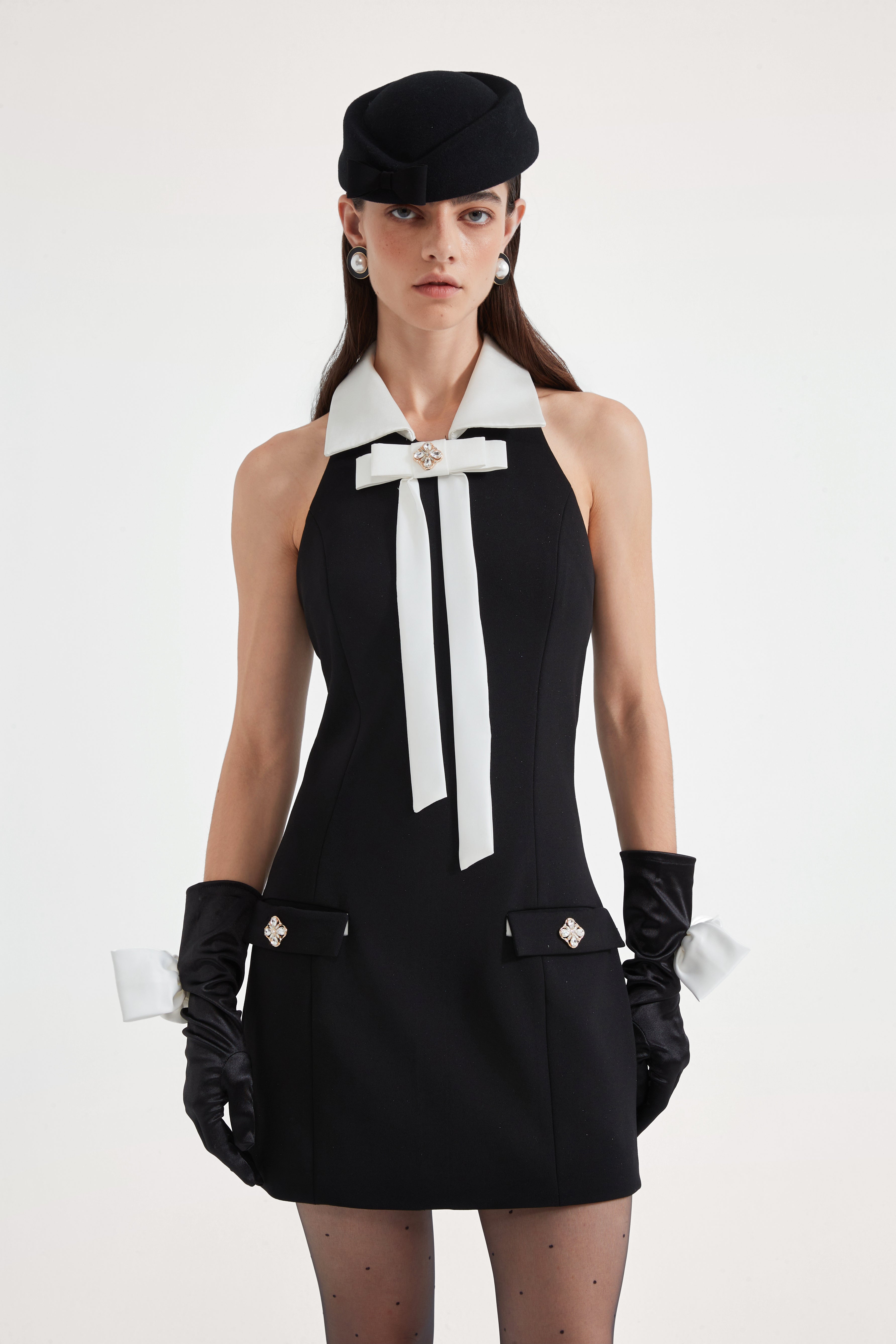 Black Bow Collared Waist-Cinching Dress