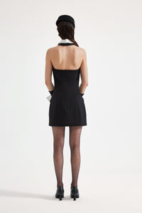 Black Bow Collared Waist-Cinching Dress