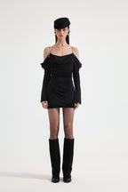 Black Metal-Strapped Ruched Fitted Dress