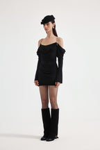 Black Metal-Strapped Ruched Fitted Dress