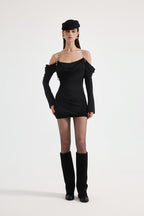 Black Metal-Strapped Ruched Fitted Dress