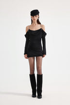 Black Metal-Strapped Ruched Fitted Dress