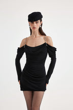 Black Metal-Strapped Ruched Fitted Dress
