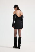 Black Metal-Strapped Ruched Fitted Dress