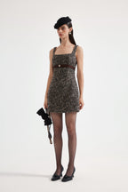 Brown Square-Necked Bow Tweed Dress