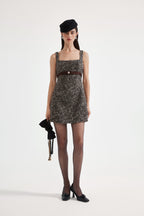 Brown Square-Necked Bow Tweed Dress