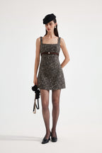 Brown Square-Necked Bow Tweed Dress
