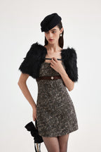 Brown Square-Necked Bow Tweed Dress