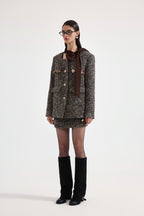 Brown Detachable Square-Necked Tweed Coat