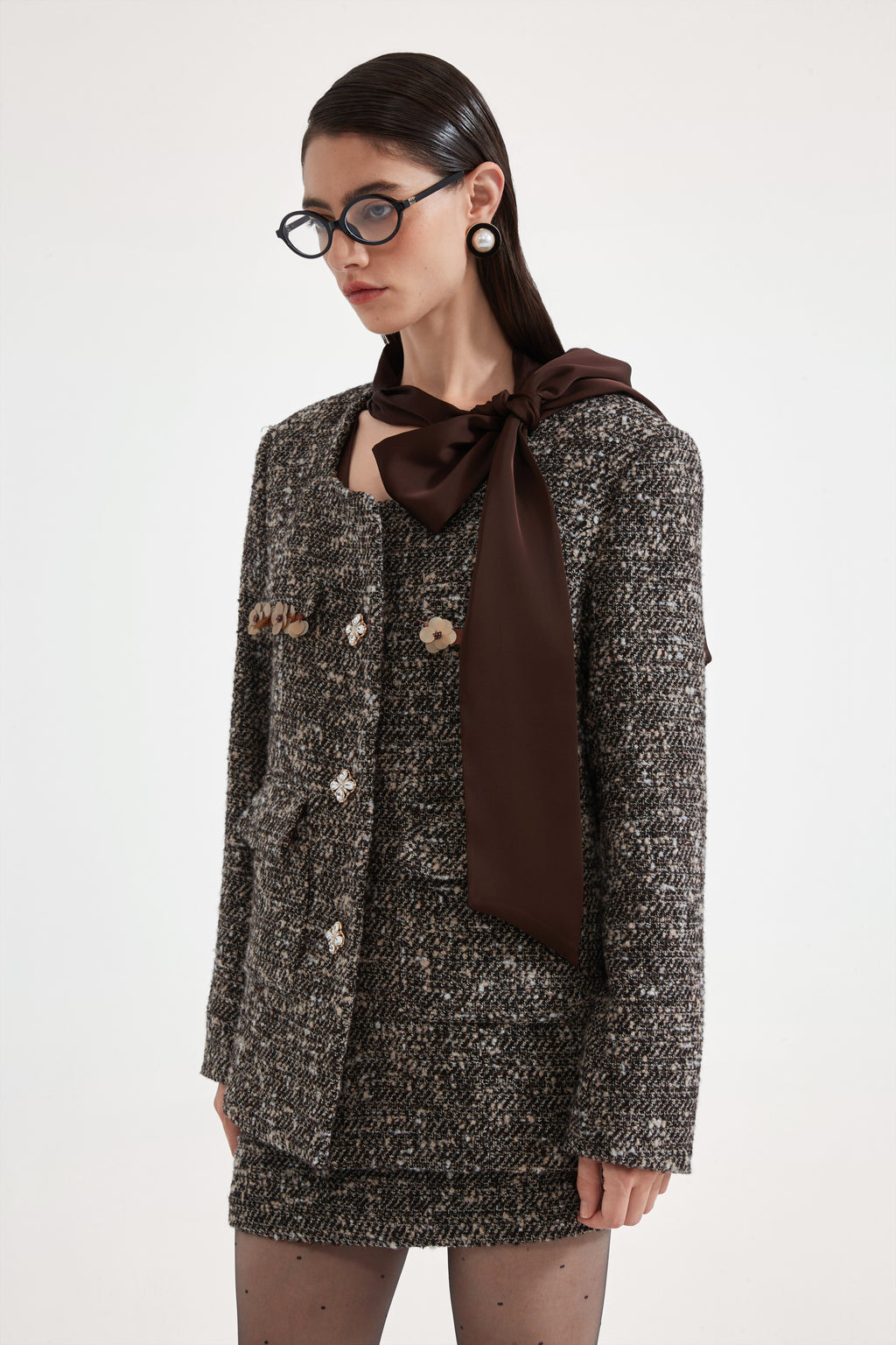 Brown Detachable Square-Necked Tweed Coat