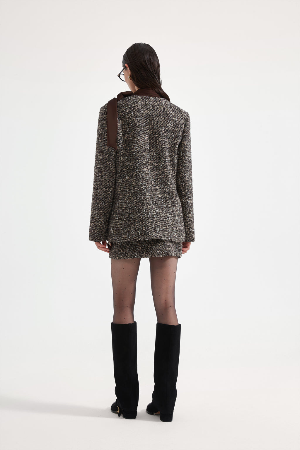Brown Detachable Square-Necked Tweed Coat