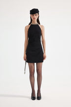 Black Halter Beaded Ruched Dress