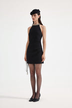 Black Halter Beaded Ruched Dress