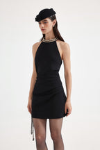 Black Halter Beaded Ruched Dress