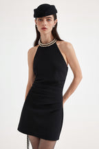 Black Halter Beaded Ruched Dress