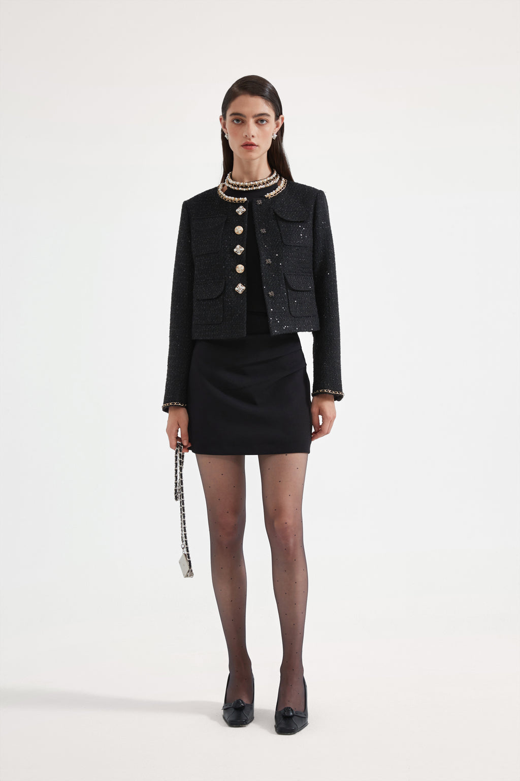 Black Round-Necked Small Fragrance Coat With Pockets