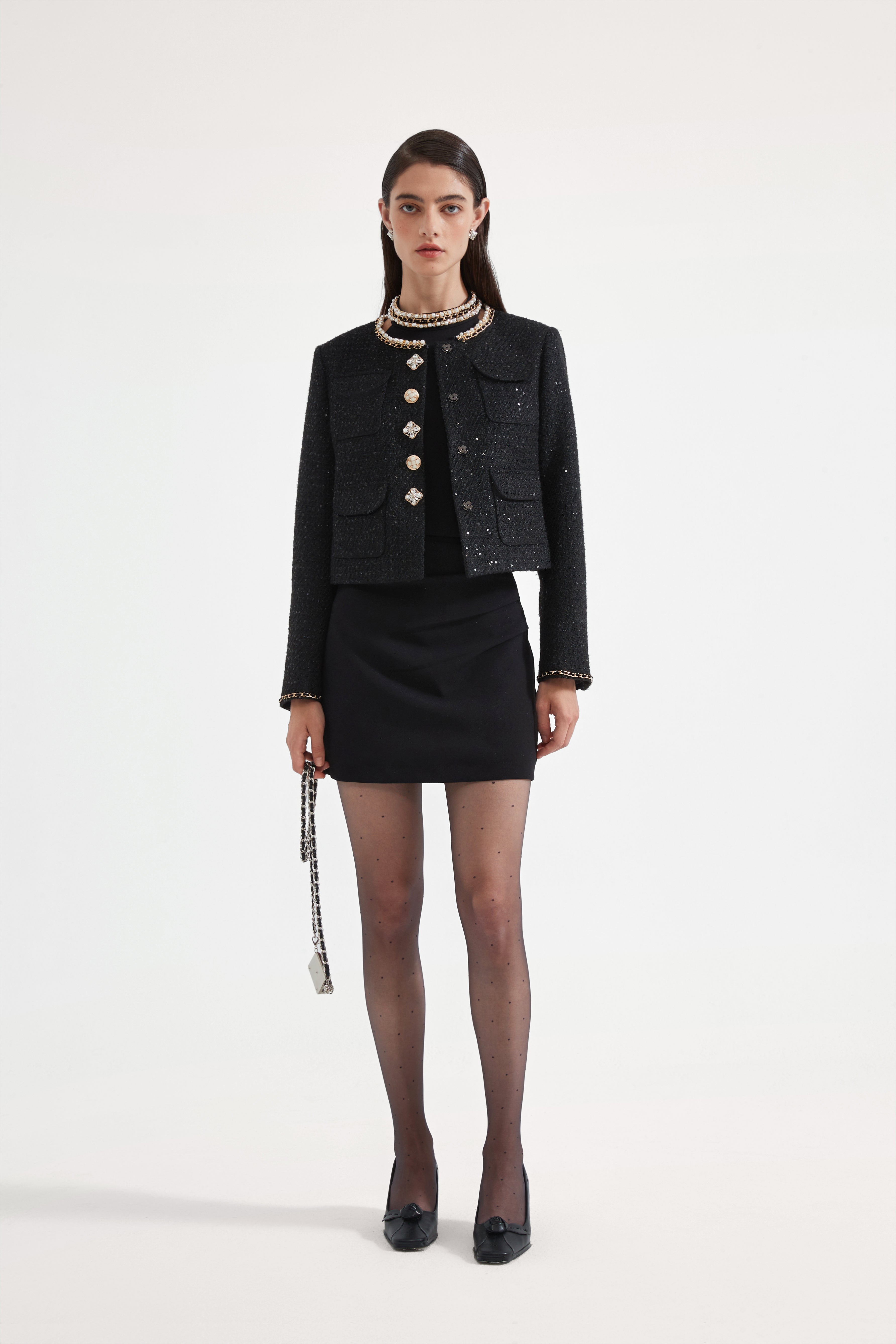 Black Round-Necked Small Fragrance Coat With Pockets