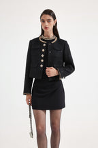Black Round-Necked Small Fragrance Coat With Pockets