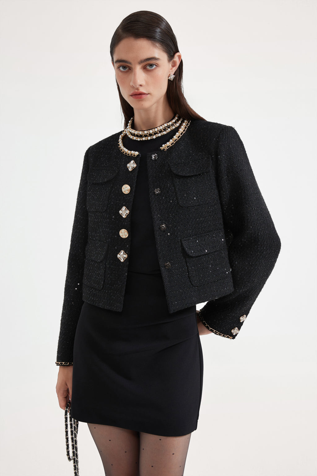 Black Round-Necked Small Fragrance Coat With Pockets