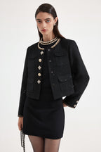Black Round-Necked Small Fragrance Coat With Pockets