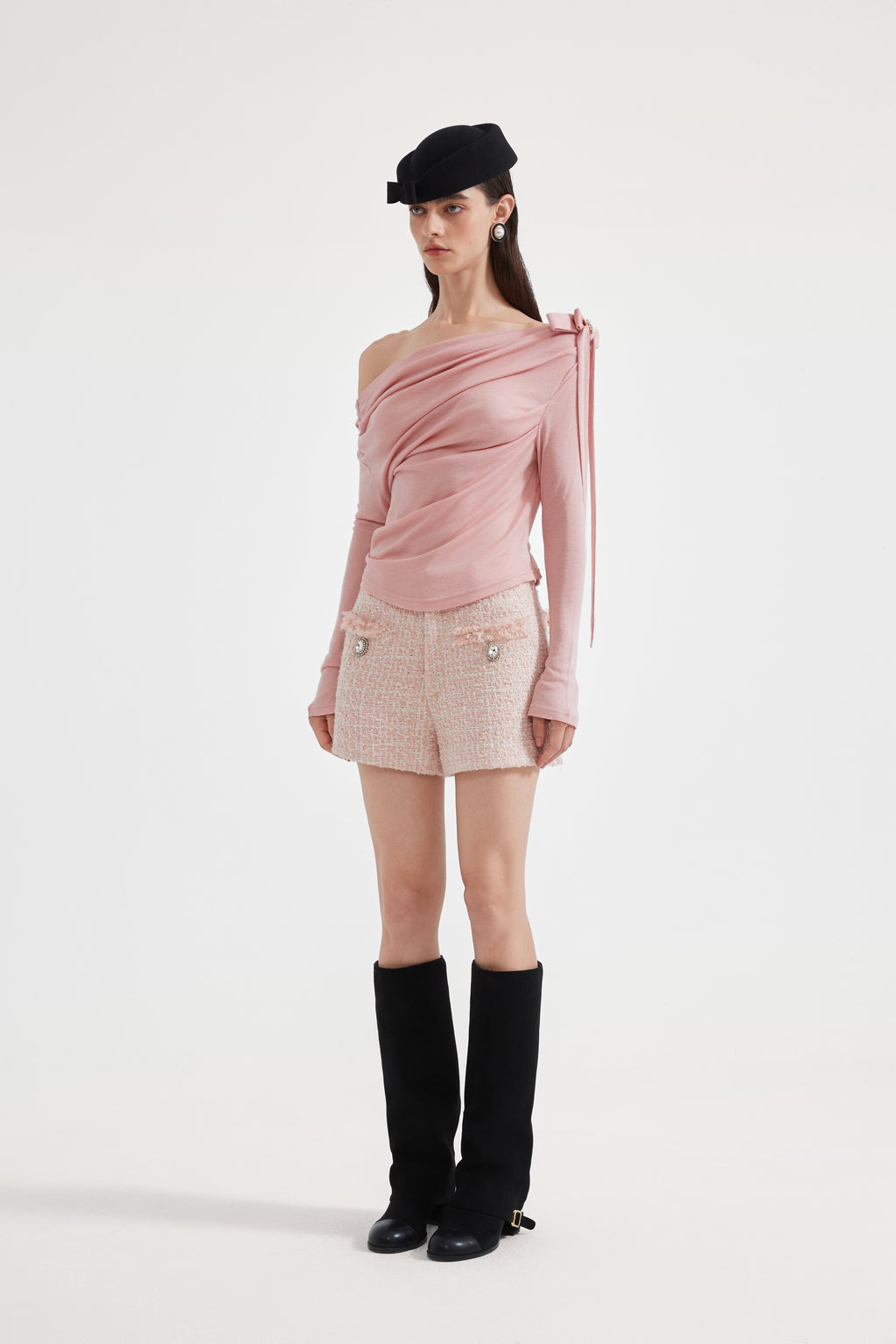 Pink Off-The-Shoulder Pleated Bow Ribbon Blouse