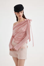 Pink Off-The-Shoulder Pleated Bow Ribbon Blouse