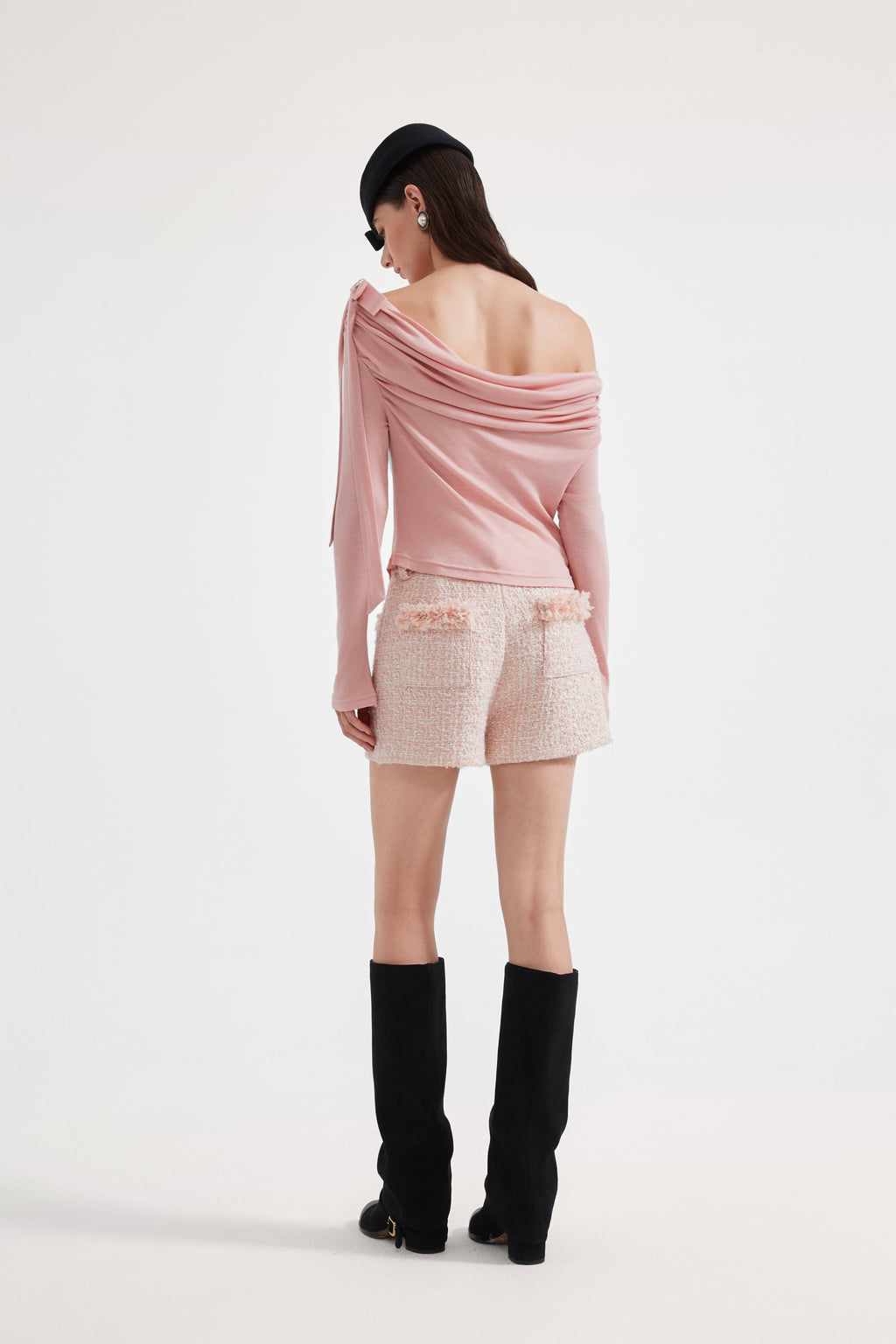 Pink Off-The-Shoulder Pleated Bow Ribbon Blouse