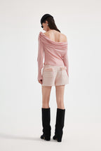 Pink Off-The-Shoulder Pleated Bow Ribbon Blouse